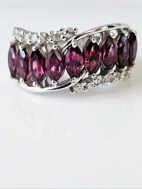 Genuine Rhodolite Garnet & White Zircon Ring Sterling Silver Platinum Size 7!